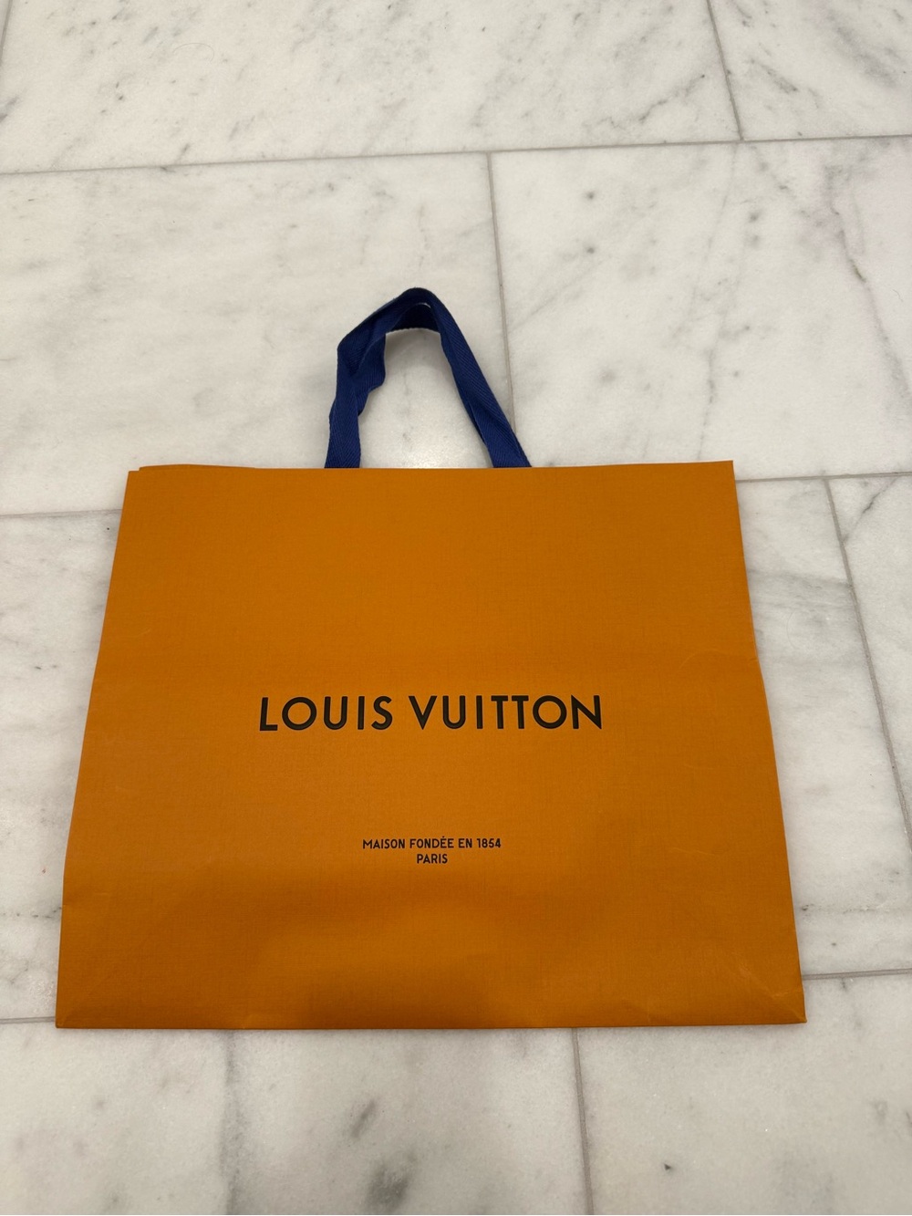 Louis Vuitton Authentic Orange Paper Shopping Bag with Navy Handles
